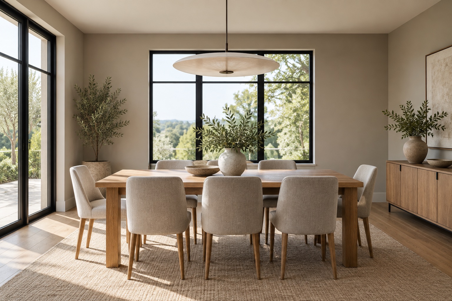 Sala da pranzo luminosa con pareti uniformi color greige e pavimento in rovere