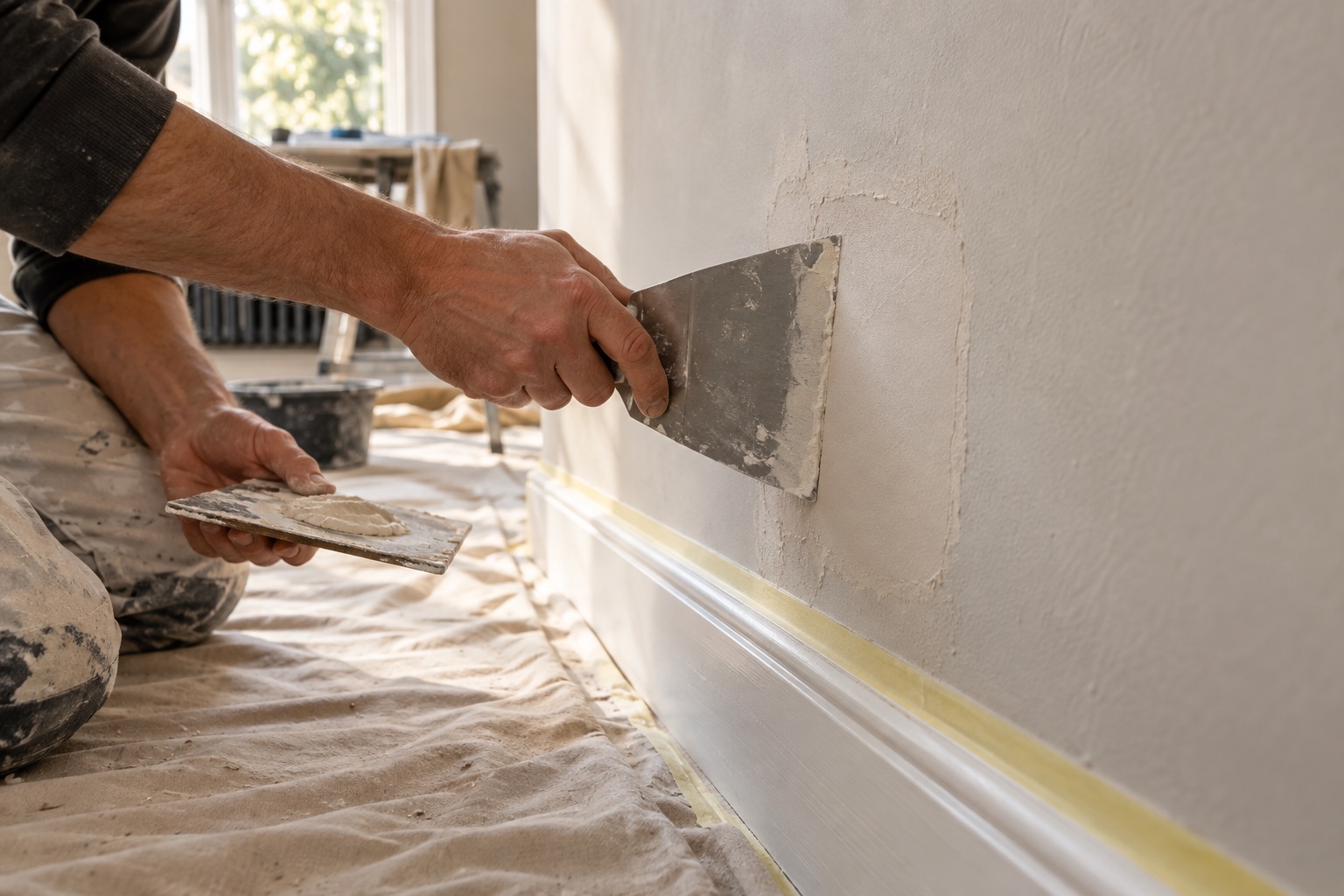 Rasatura di una riparazione sulla parete con una spatola larga e pavimento protetto